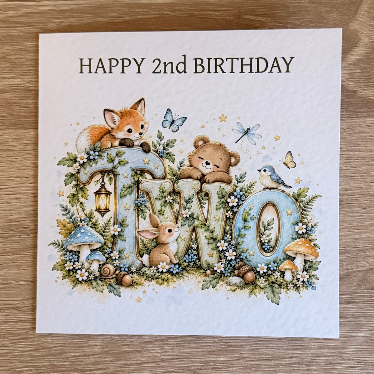 Woodland Animals 2nd Birthday Cake Topper – Blue Glitter TWO – Matching Card Option