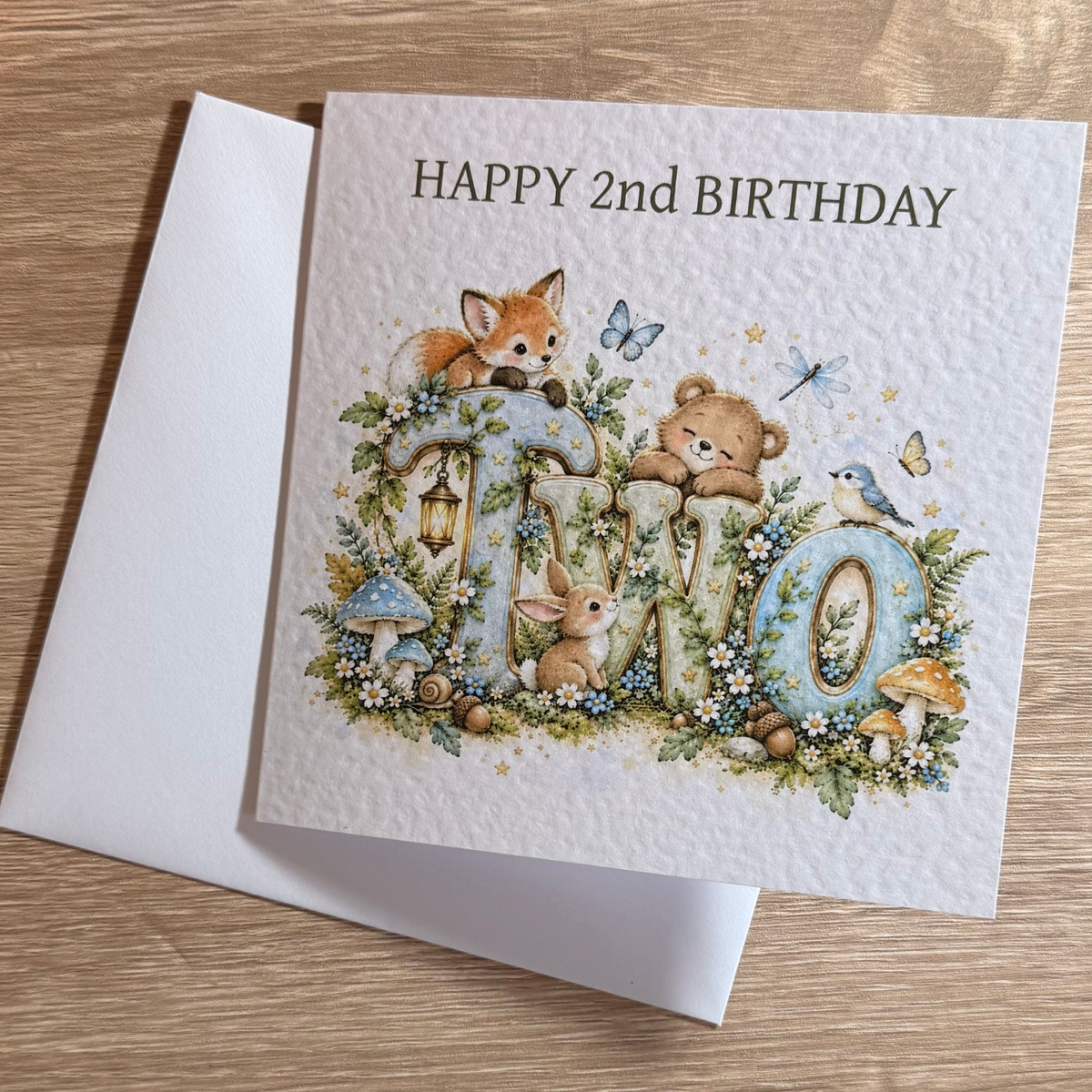Woodland Animals 2nd Birthday Cake Topper – Blue Glitter TWO – Matching Card Option