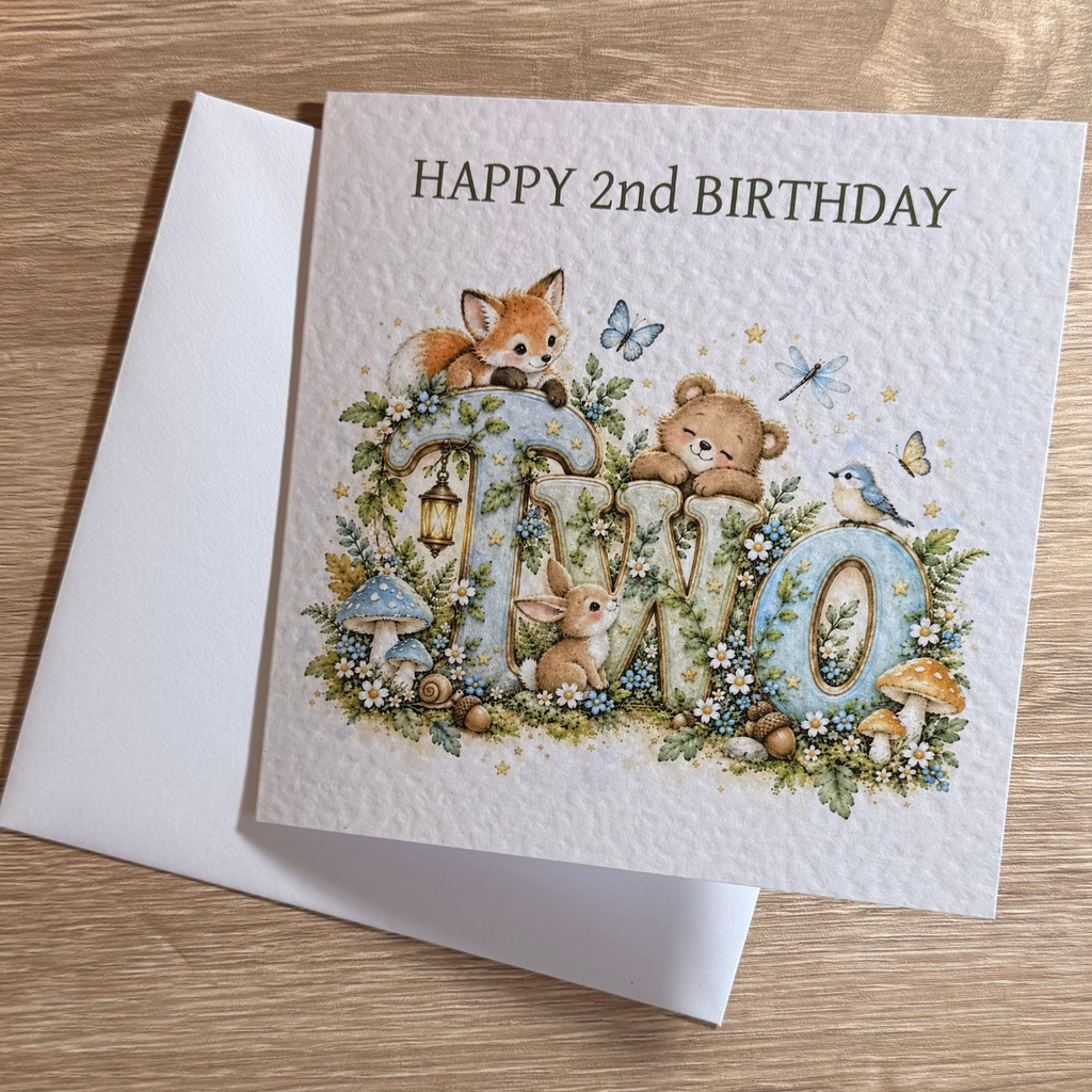 Woodland Animals 2nd Birthday Card – Watercolour TWO – 6x6