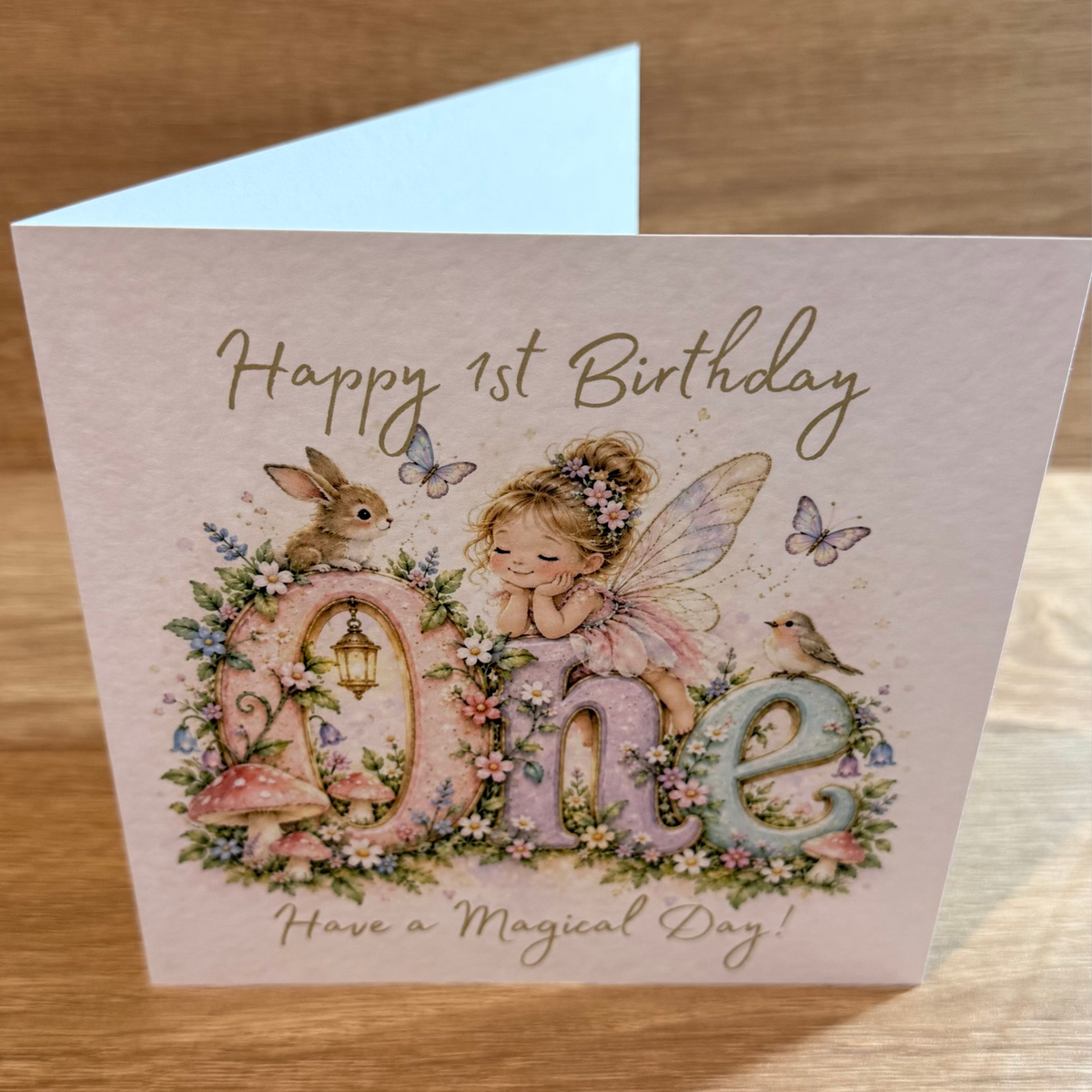 Fairy Garden 1st Birthday Card – Watercolour Fairy & Flowers – 6x6
