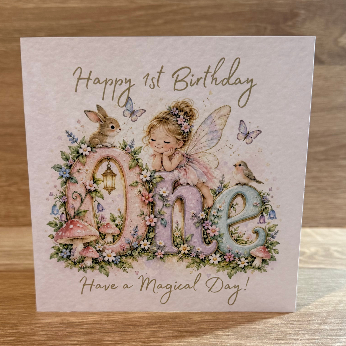 Fairy Garden 1st Birthday Card – Watercolour Fairy & Flowers – 6x6