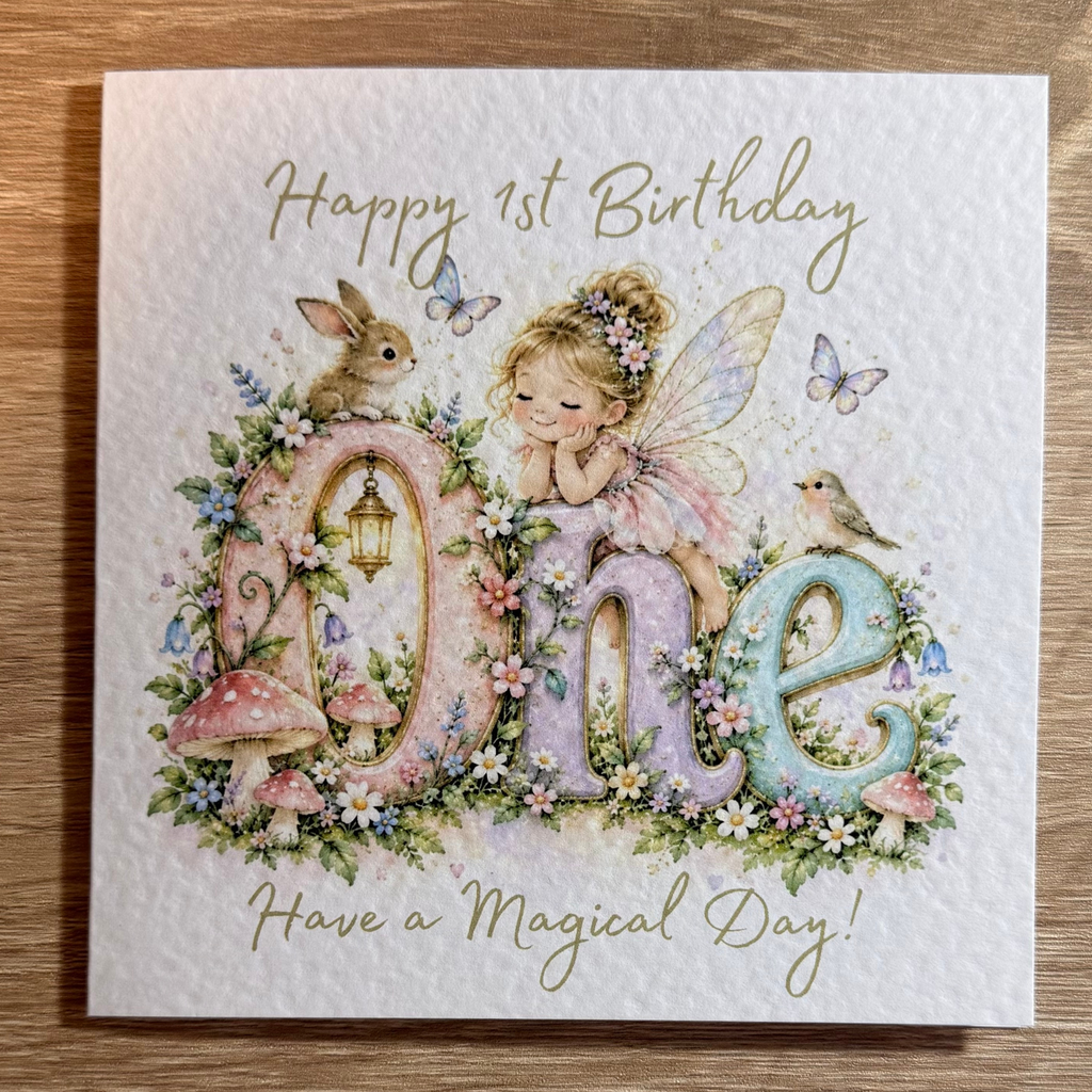 Fairy Garden 1st Birthday Card – Watercolour Fairy & Flowers – 6x6