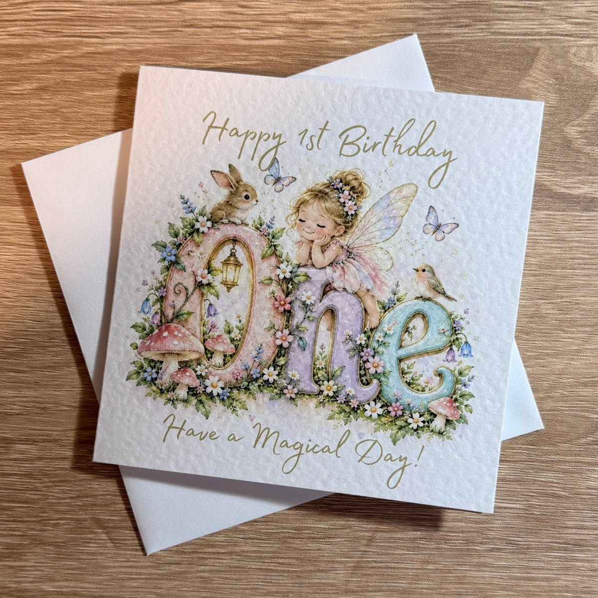 Fairy Garden 1st Birthday Card – Watercolour Fairy & Flowers – 6x6