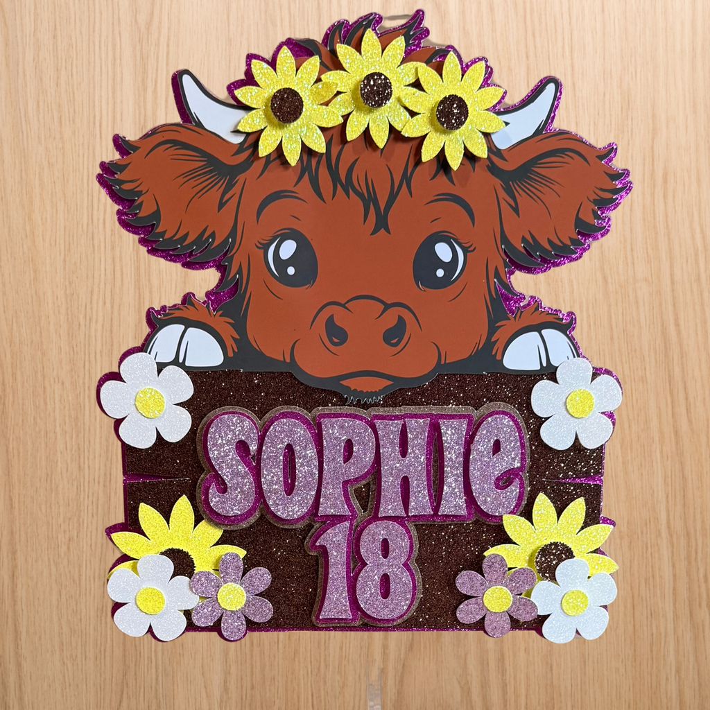 Highland Cow Birthday Cake Topper – Personalised Name & Age – Pink Glitter