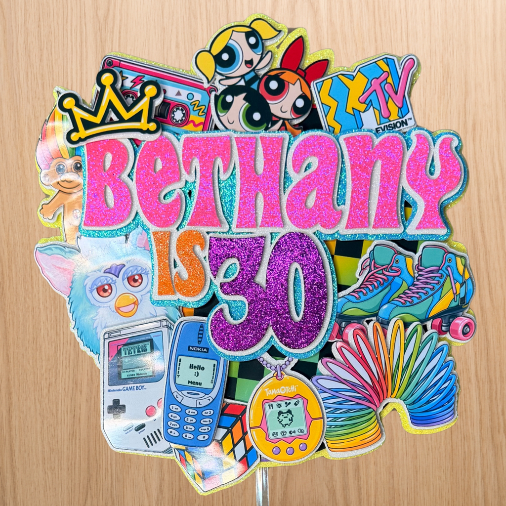 90s Nostalgia Birthday Cake Topper | Personalised Name & Age