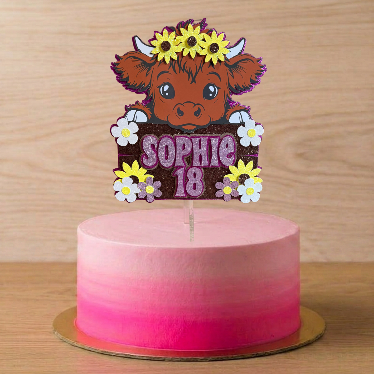 Highland Cow Birthday Cake Topper – Personalised Name & Age – Pink Glitter