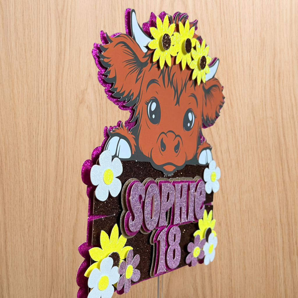 Highland Cow Birthday Cake Topper – Personalised Name & Age – Pink Glitter