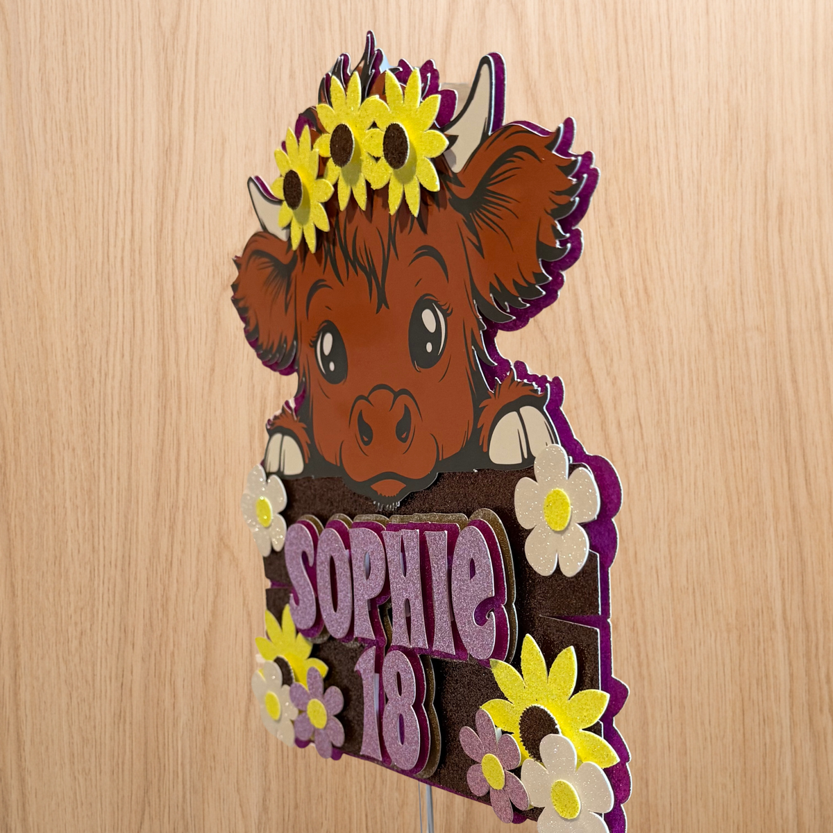 Highland Cow Birthday Cake Topper – Personalised Name & Age – Pink Glitter