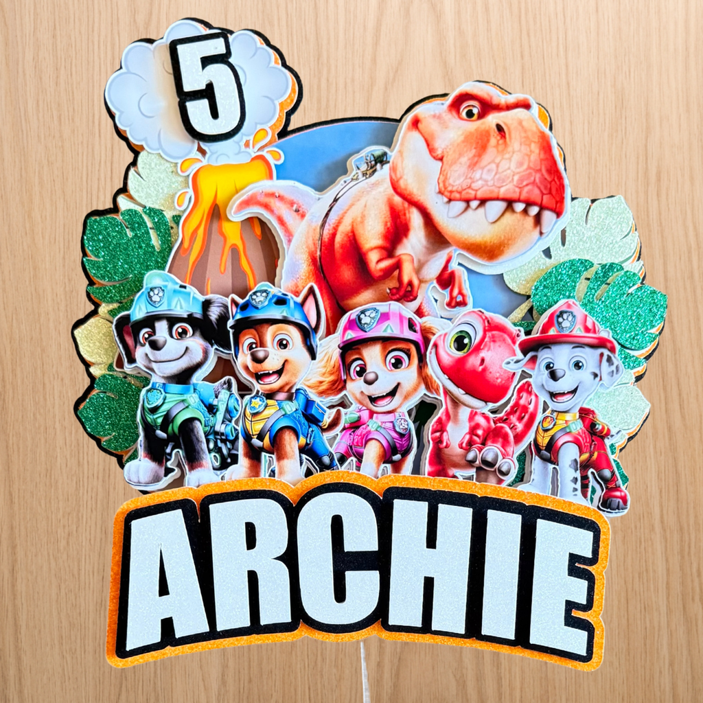 Paw Patrol: The Dino Movie Cake Topper | Personalised Name & Age Birthday Decoration