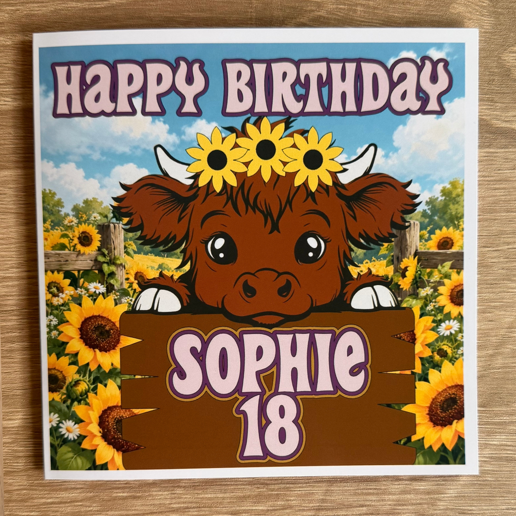 Highland Cow & Sunflowers Personalised Birthday Card – 6x6