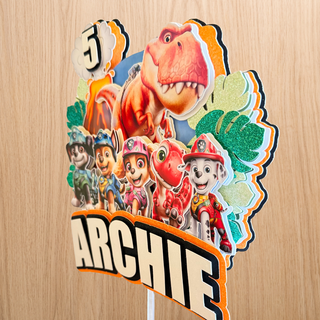 Paw Patrol: The Dino Movie Cake Topper | Personalised Name & Age Birthday Decoration