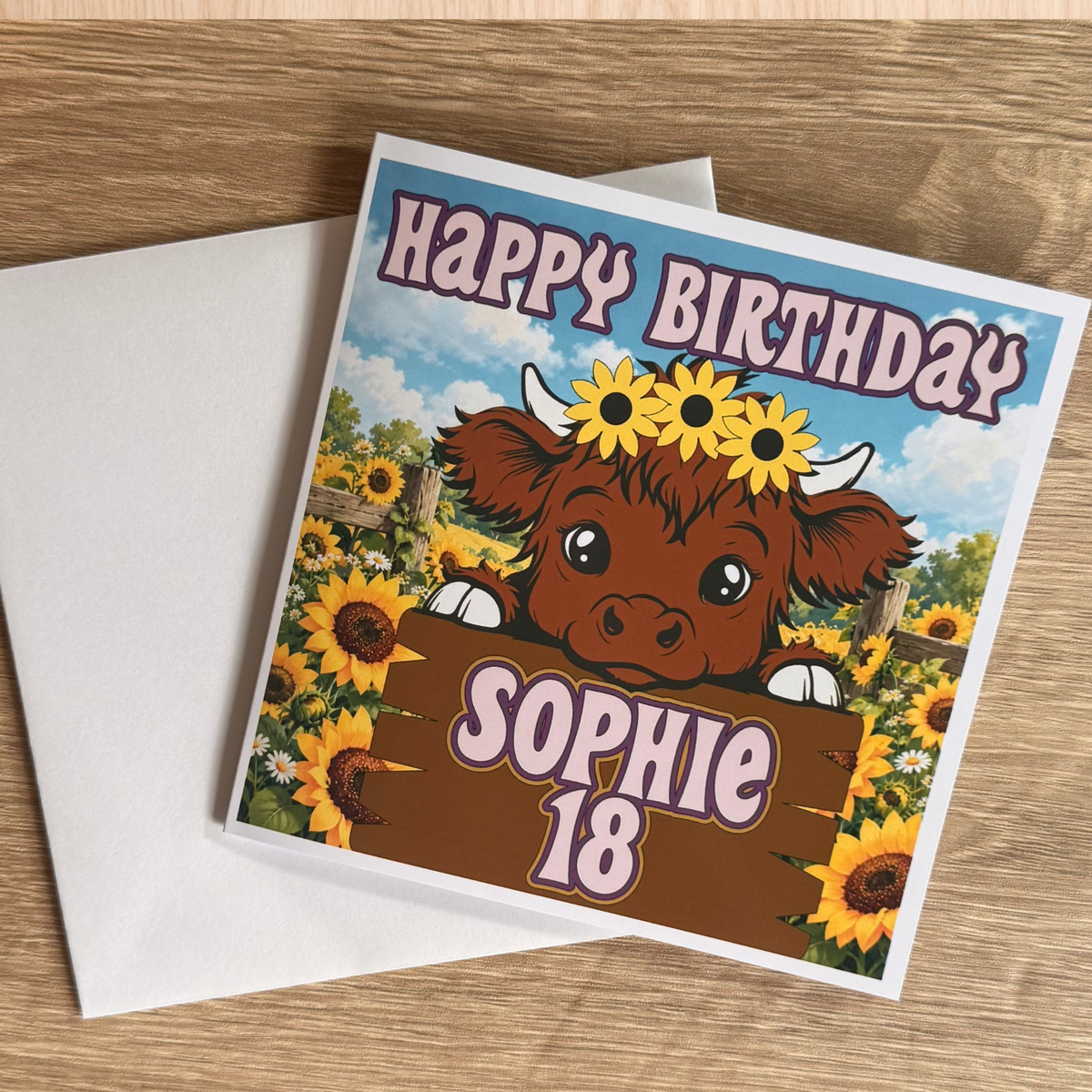 Highland Cow & Sunflowers Personalised Birthday Card – 6x6