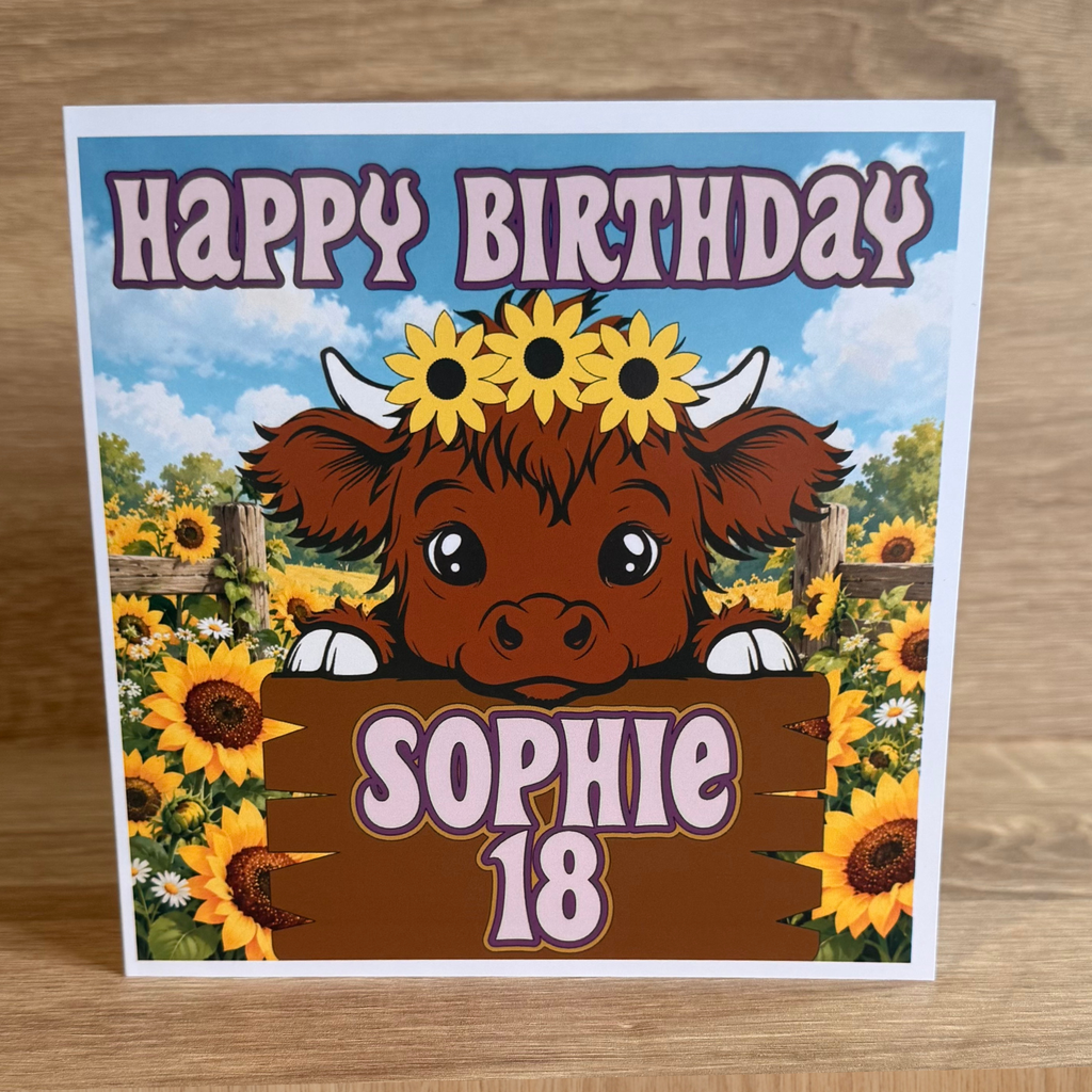 Highland Cow & Sunflowers Personalised Birthday Card – 6x6