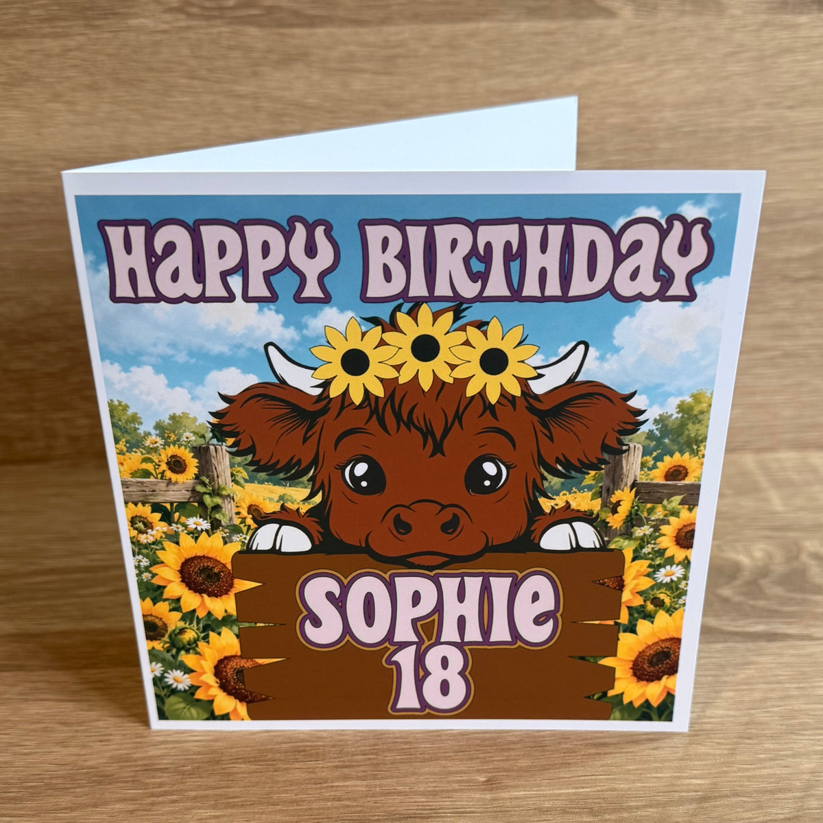 Highland Cow & Sunflowers Personalised Birthday Card – 6x6