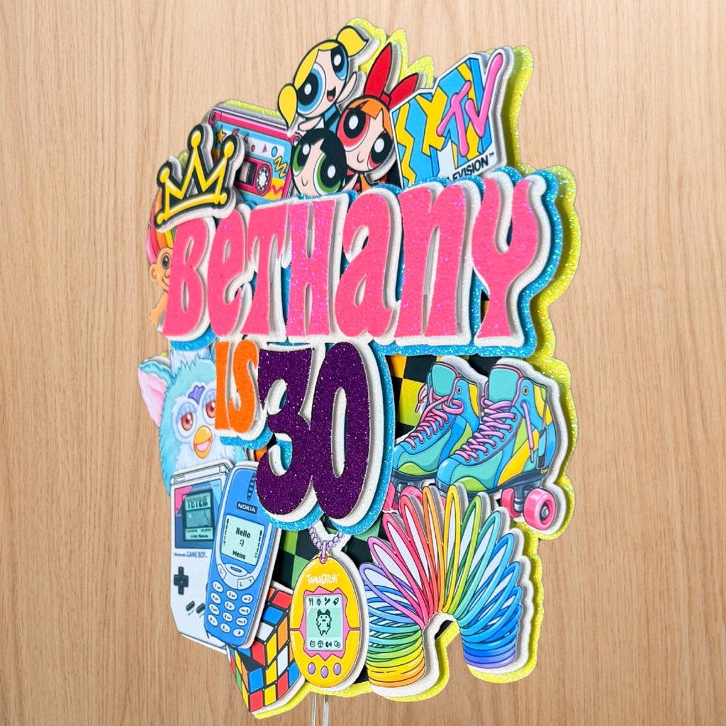 90s Nostalgia Birthday Cake Topper | Personalised Name & Age