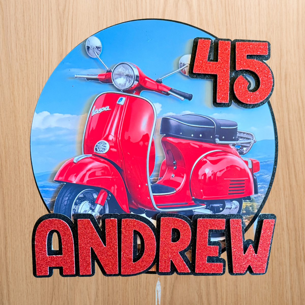 Vespa Scooter Cake Topper | Personalised Name & Age Birthday Topper