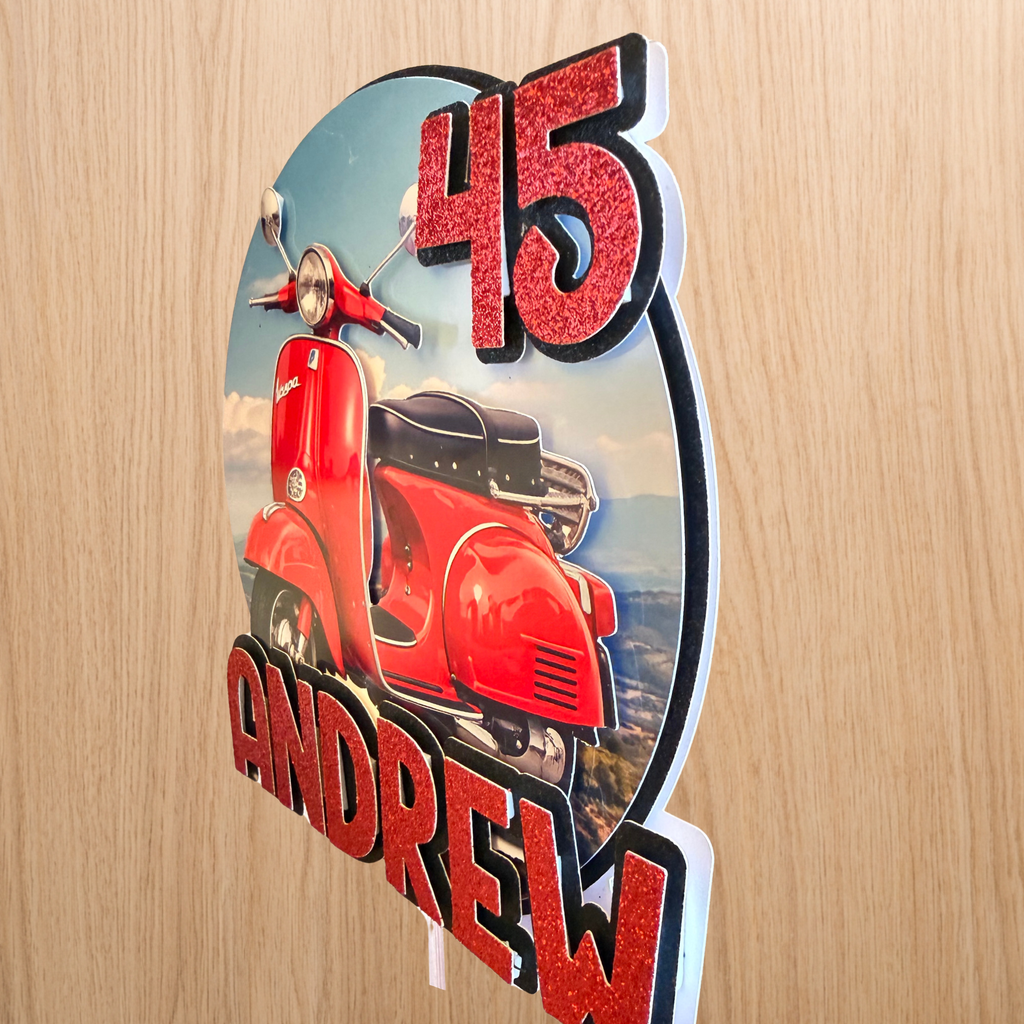 Vespa Scooter Cake Topper | Personalised Name & Age Birthday Topper