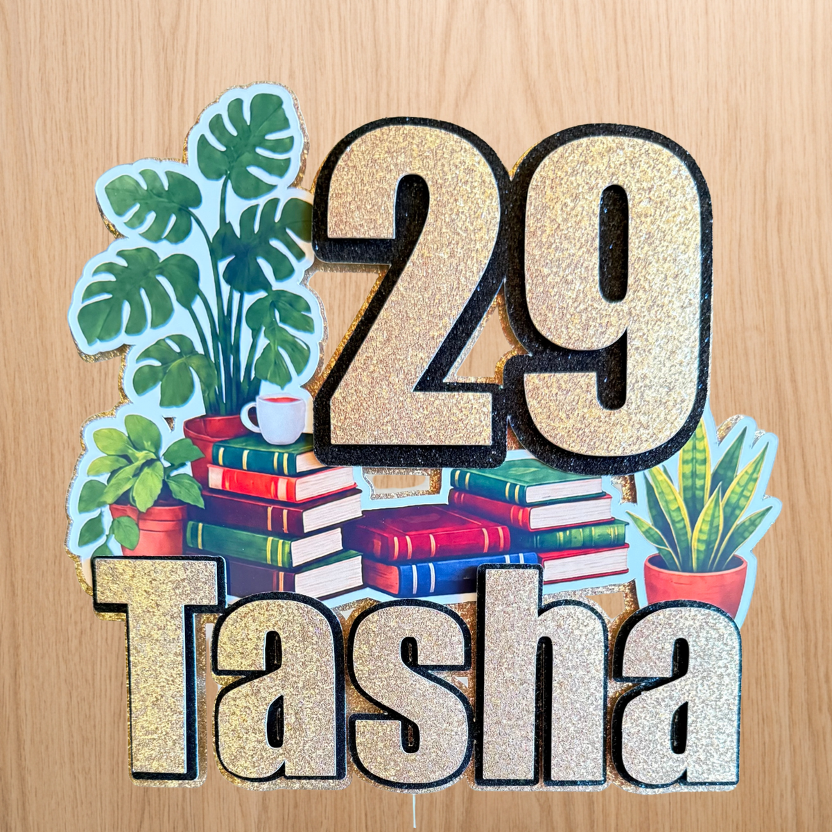 Book & Plant Lover Birthday Cake Topper – Name & Age
