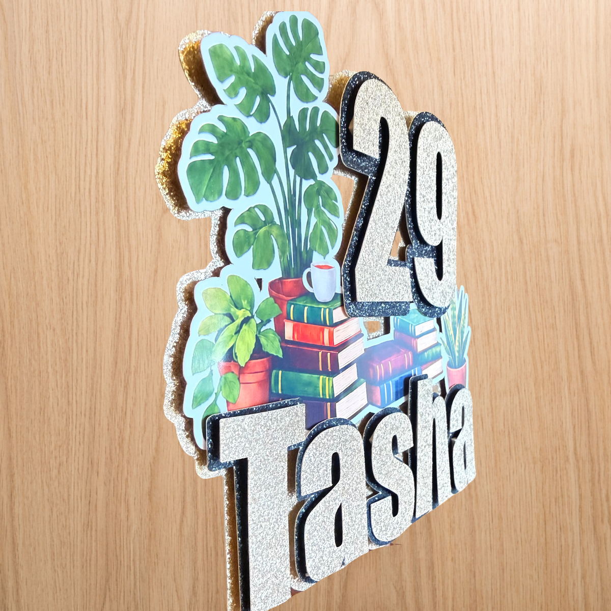 Book & Plant Lover Birthday Cake Topper – Name & Age