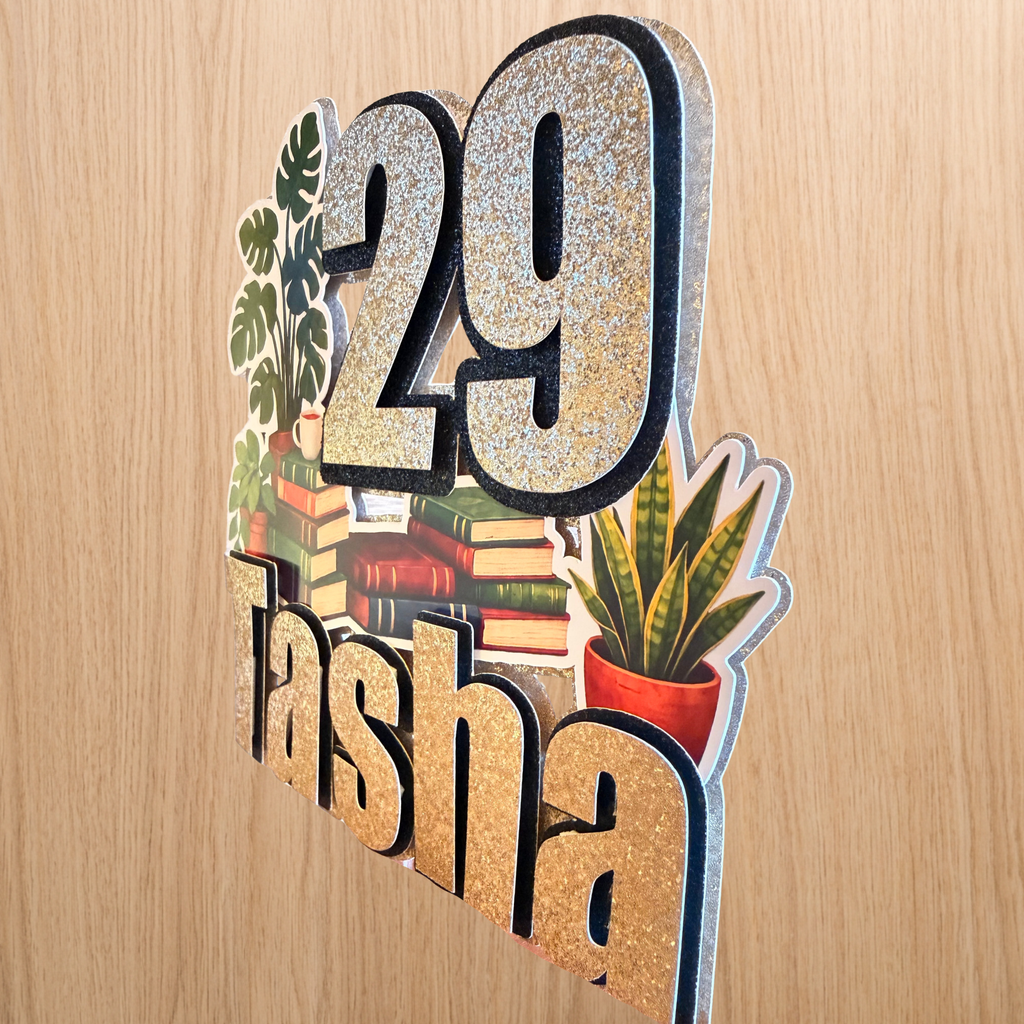 Book & Plant Lover Birthday Cake Topper – Name & Age