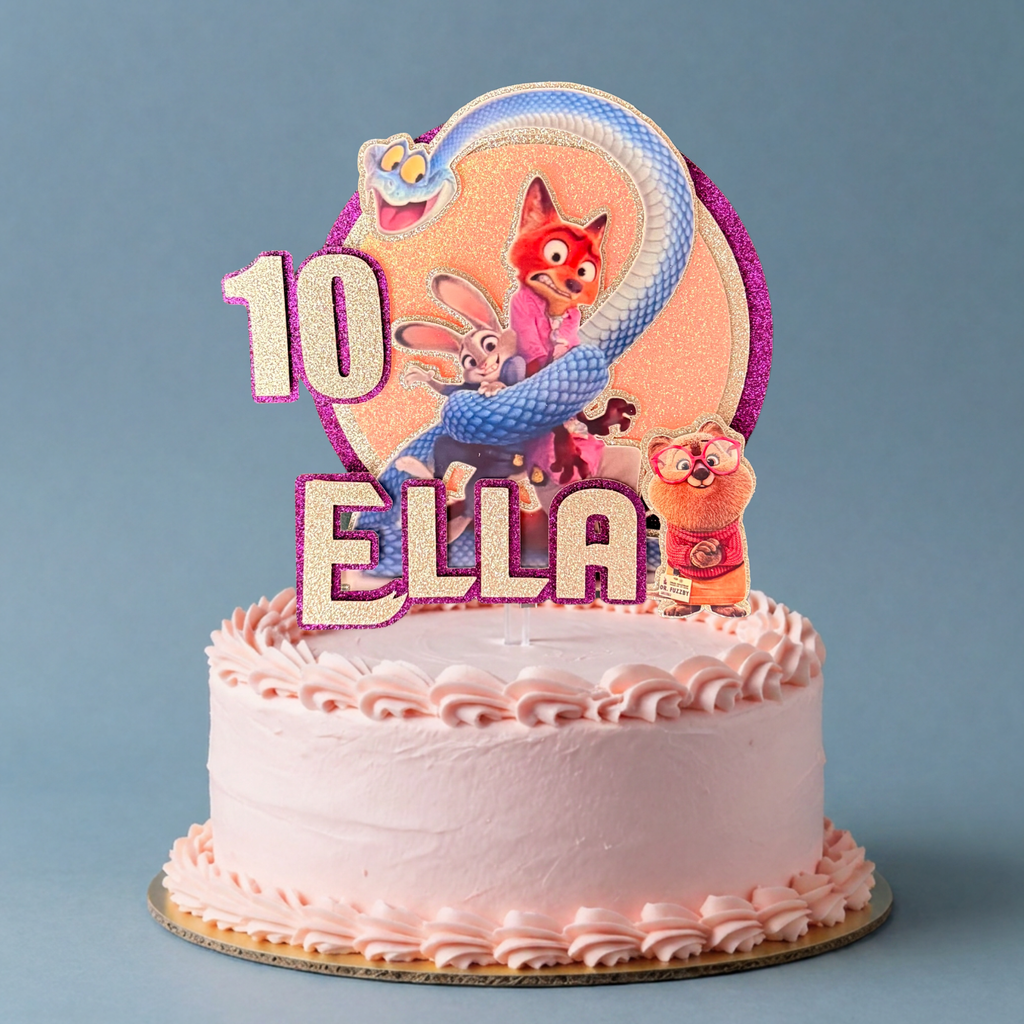 Zootopia 2 Personalised Cake Topper | Purple Glitter Name & Age Birthday Decoration