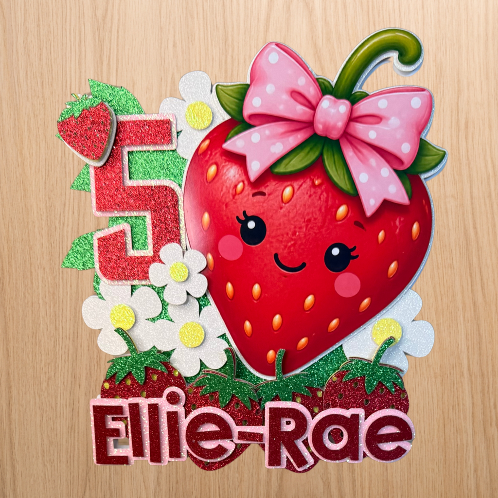 Strawberry Birthday Cake Topper | Personalised Strawberry Cake Decoration | First Birthday Topper