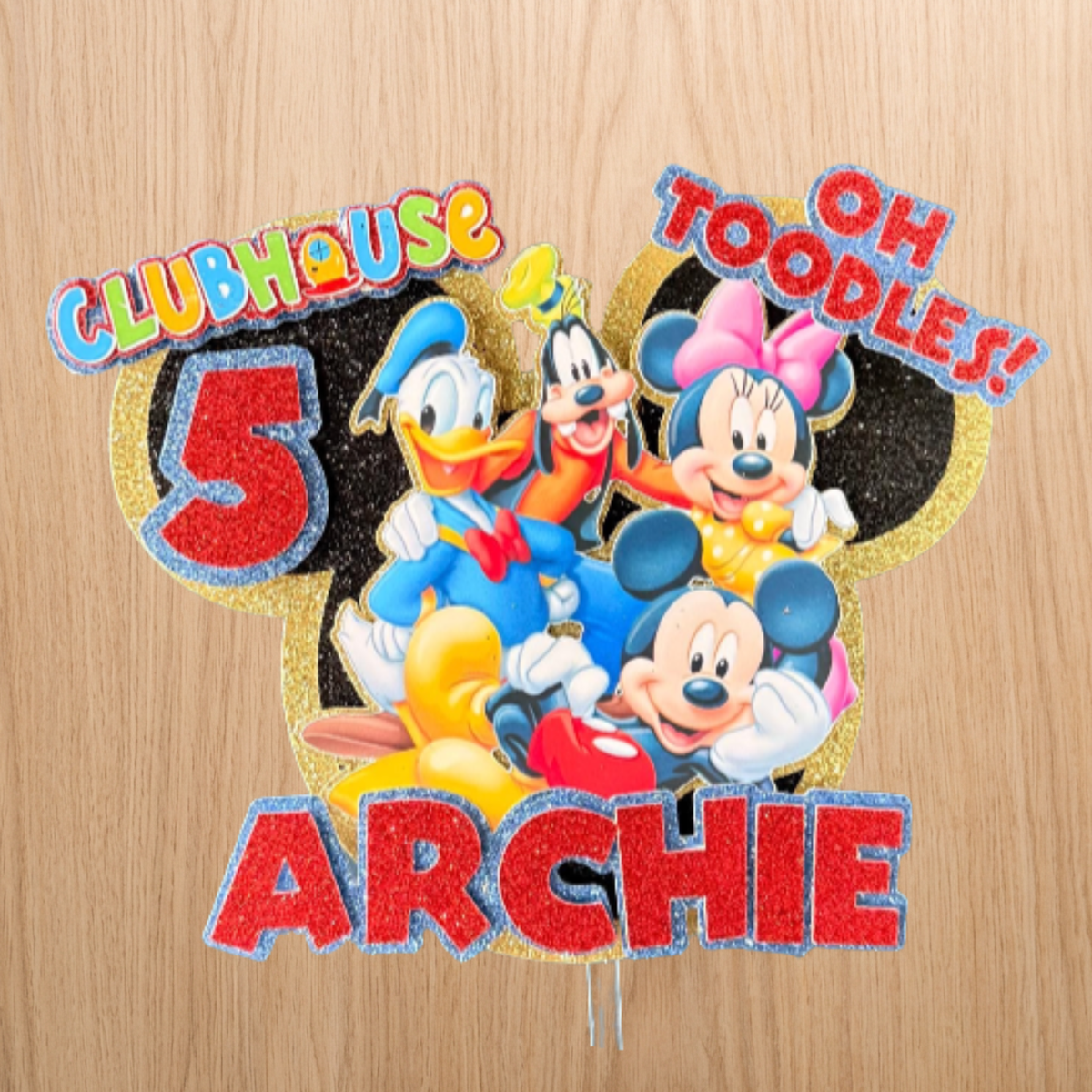 Personalised Mickey Mouse and friends cake topper with the name Archie and age 5