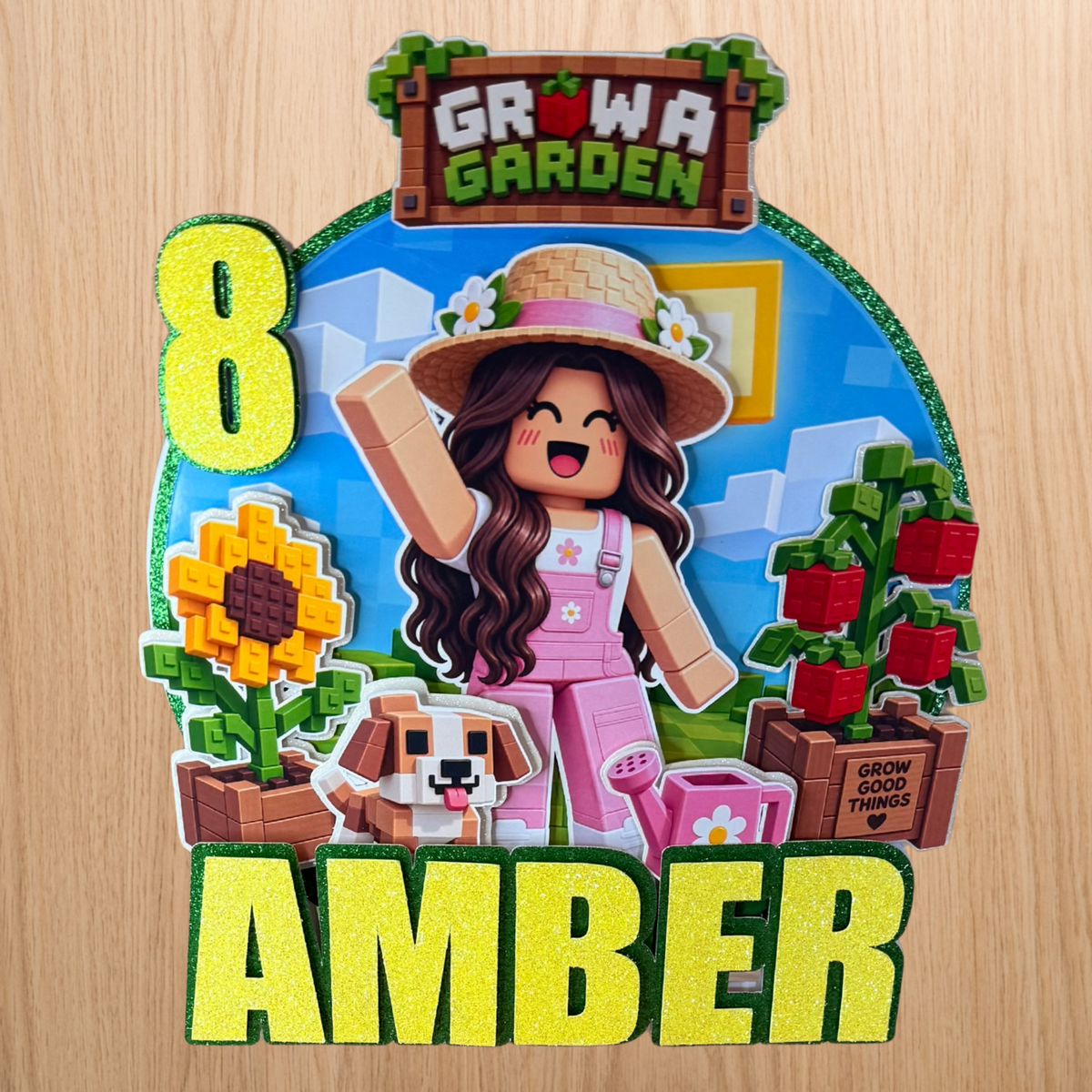 Roblox Grow A Garden Inspired Cake Topper | Personalised Name & Age Birthday Decoration