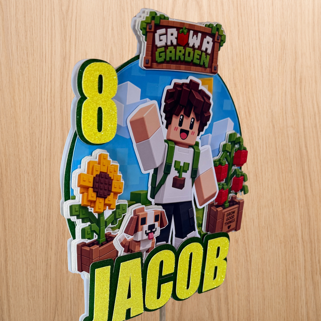 Roblox Grow A Garden Inspired Cake Topper | Personalised Name & Age Birthday Decoration