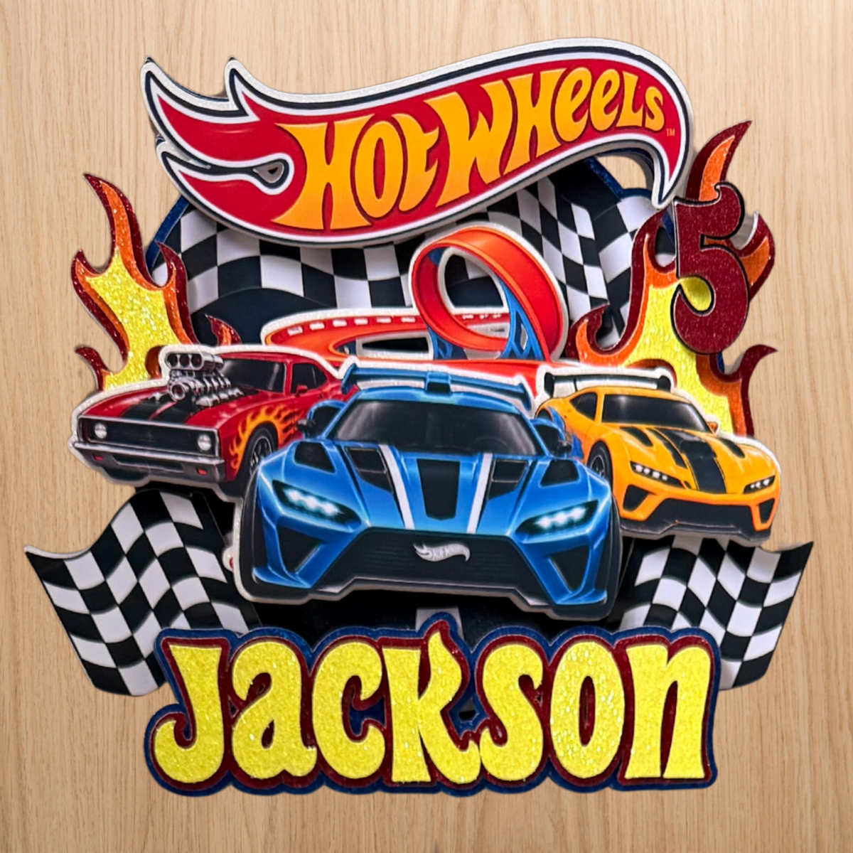Hot Wheels Personalised Cake Topper – Racing Cars & Flames
