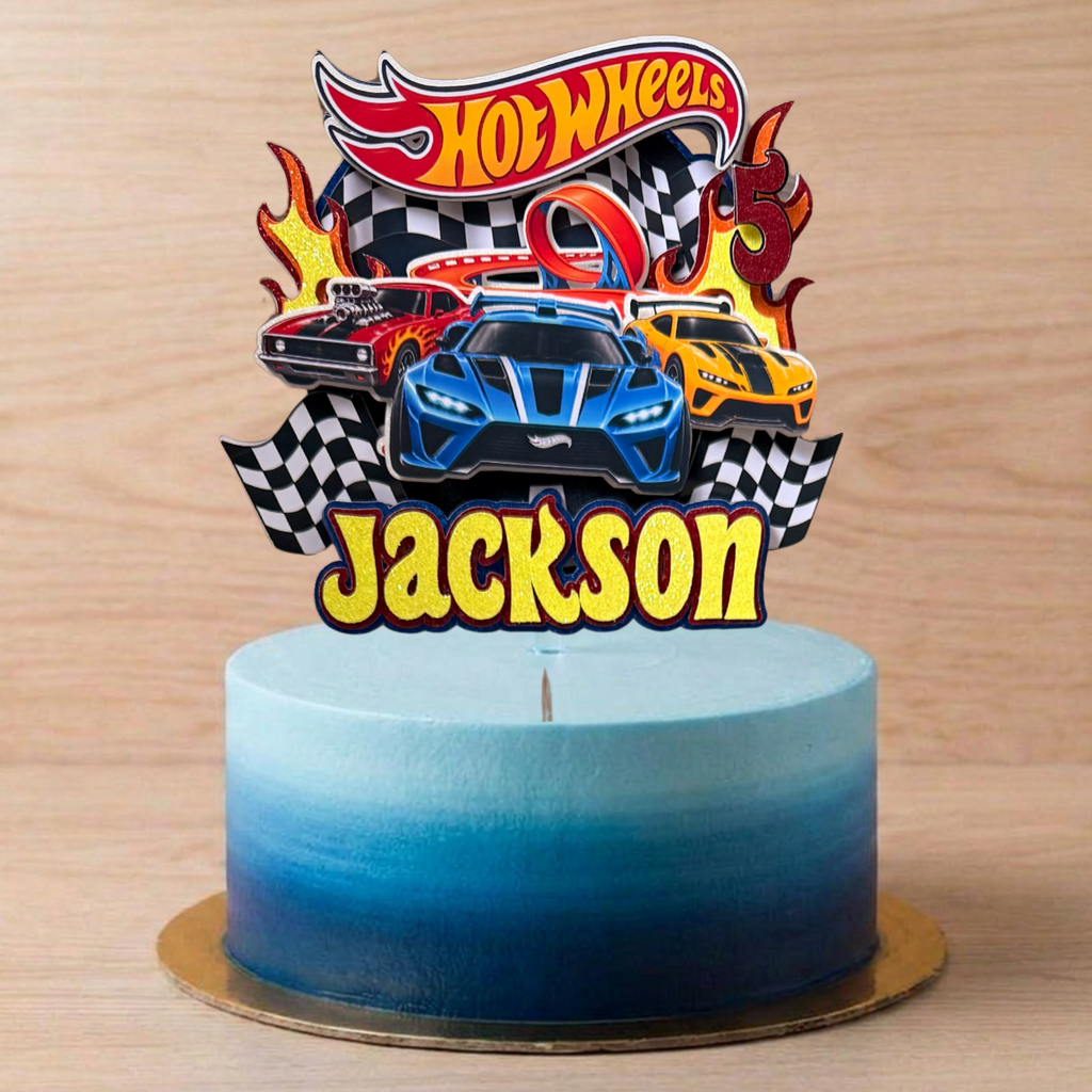 Hot Wheels Personalised Cake Topper – Racing Cars & Flames