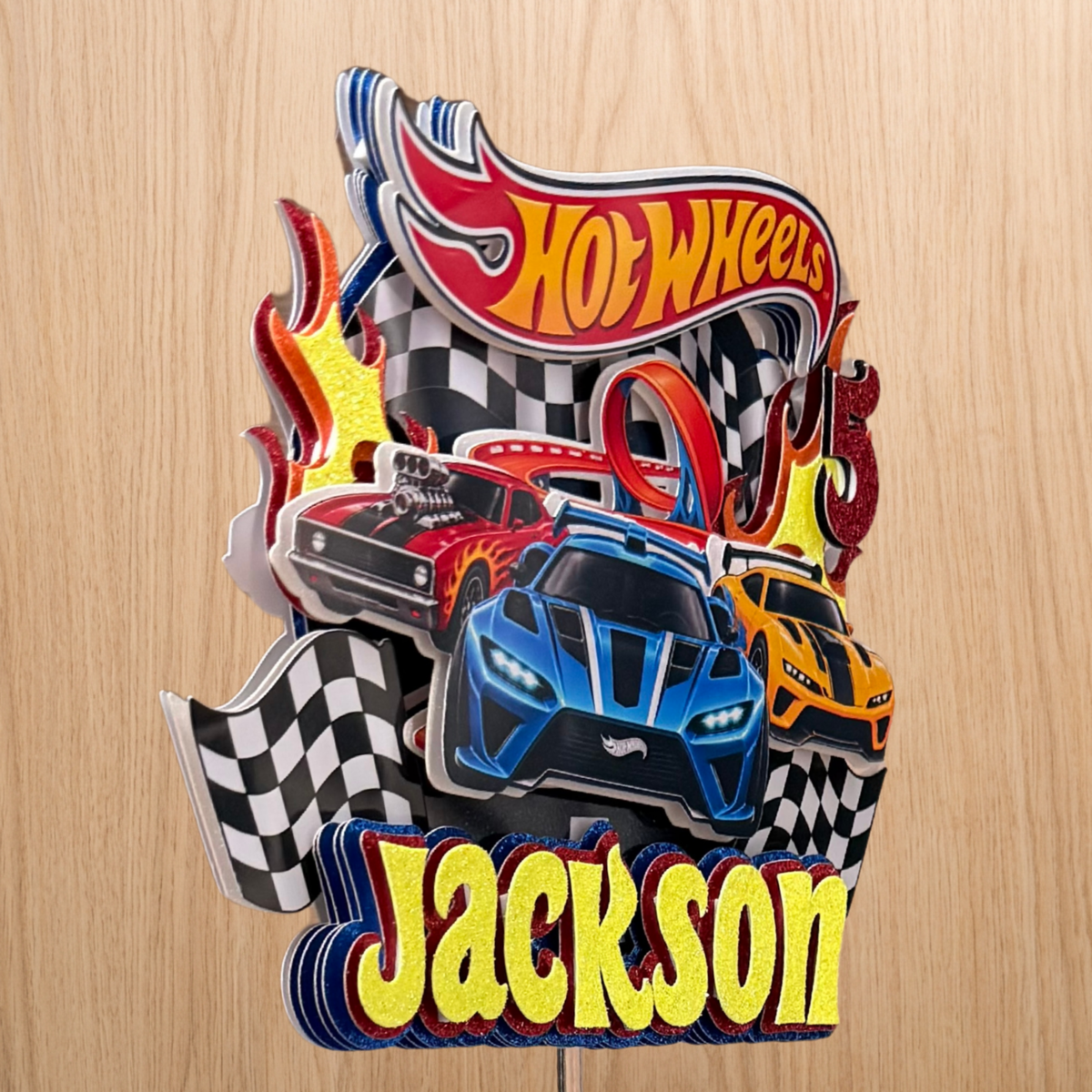 Hot Wheels Personalised Cake Topper – Racing Cars & Flames