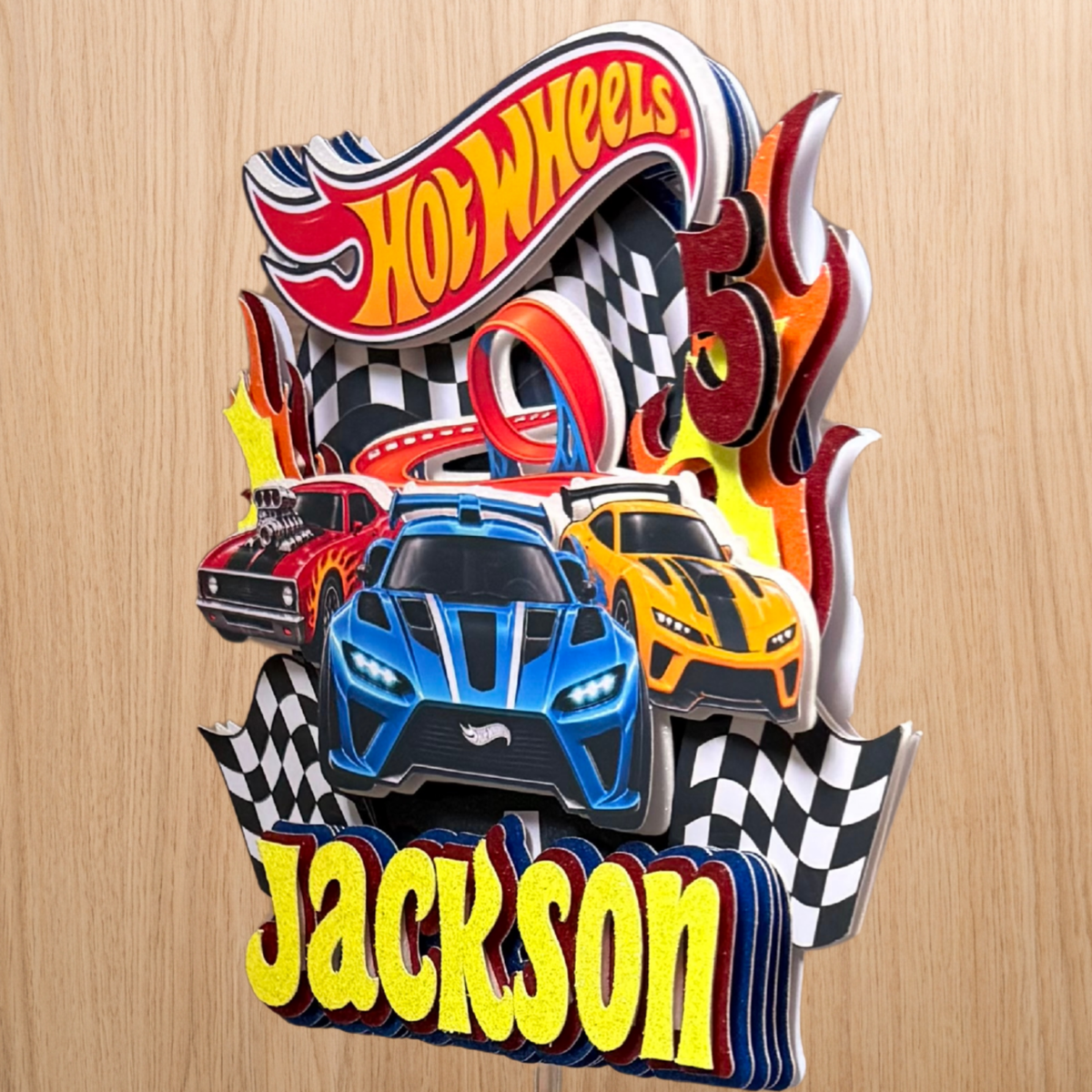 Hot Wheels Personalised Cake Topper – Racing Cars & Flames