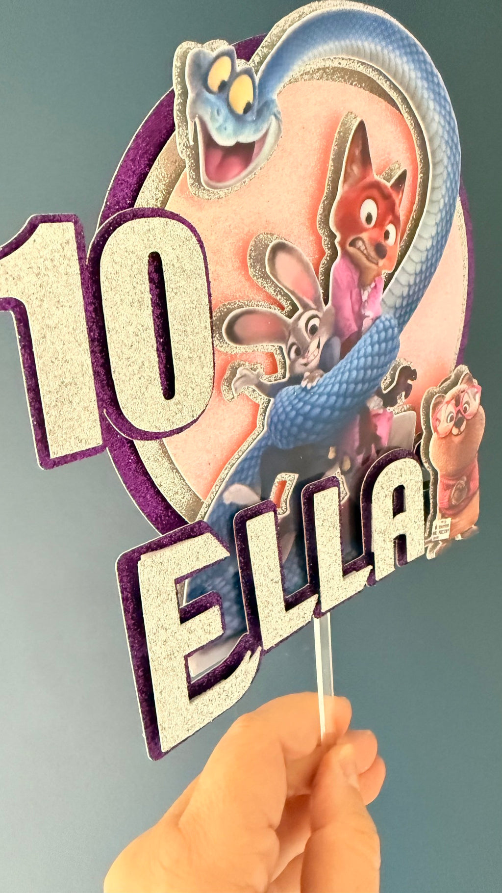 Zootopia 2 Personalised Cake Topper | Purple Glitter Name & Age Birthday Decoration
