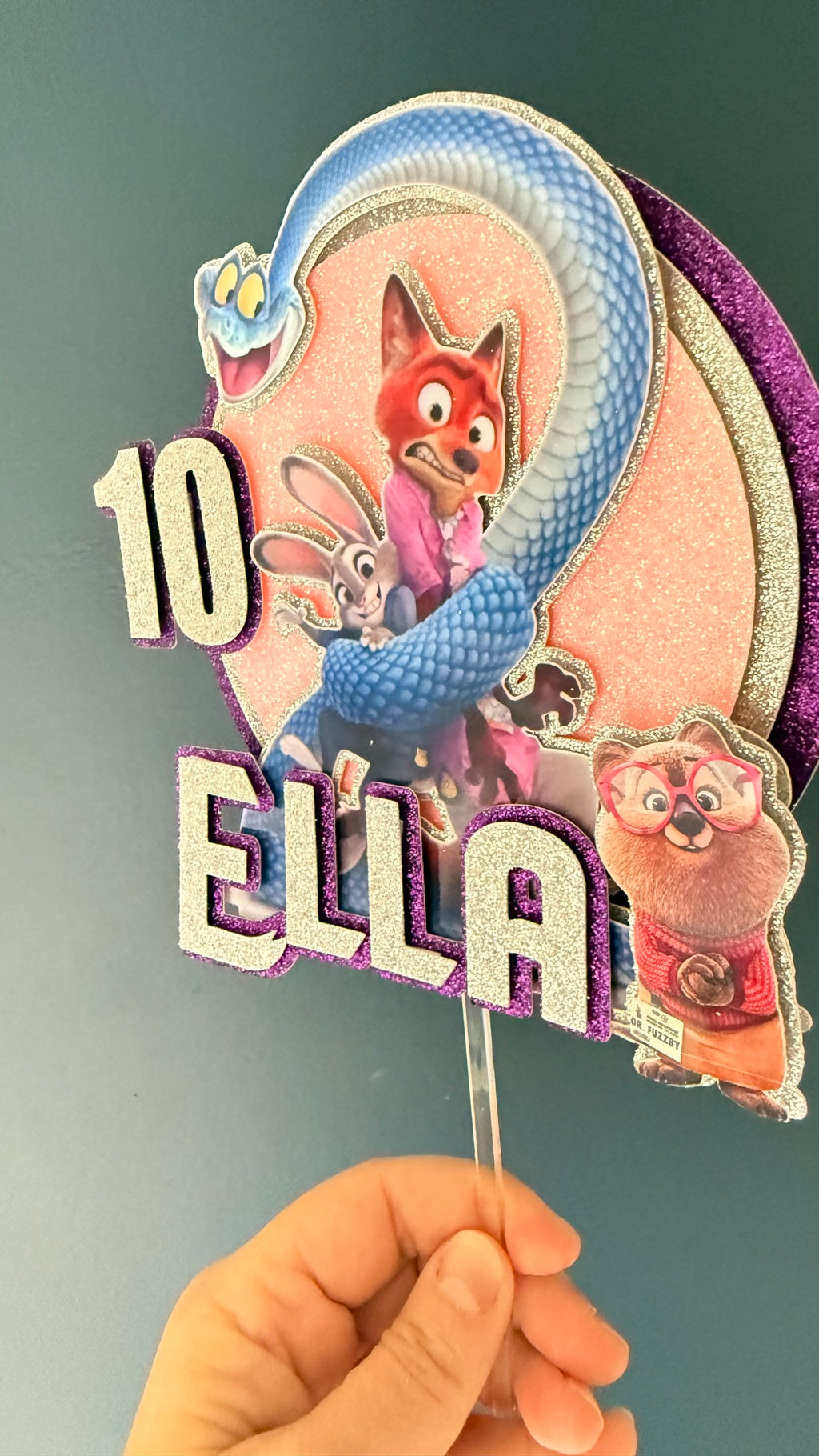 Zootopia 2 Personalised Cake Topper | Purple Glitter Name & Age Birthday Decoration