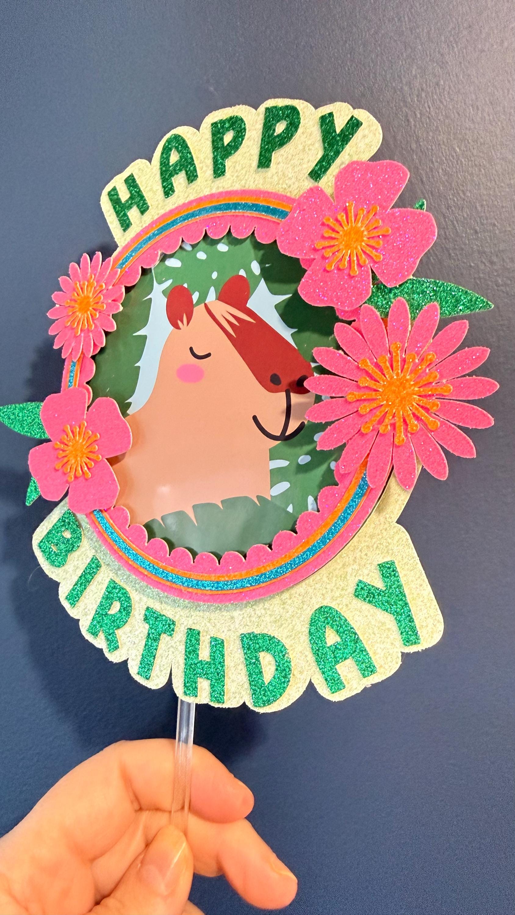 Capybara Happy Birthday Cake Topper | Floral Tropical Design, Glitter Accents