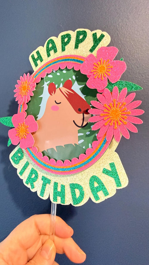 Capybara Happy Birthday Cake Topper | Floral Tropical Design, Glitter Accents