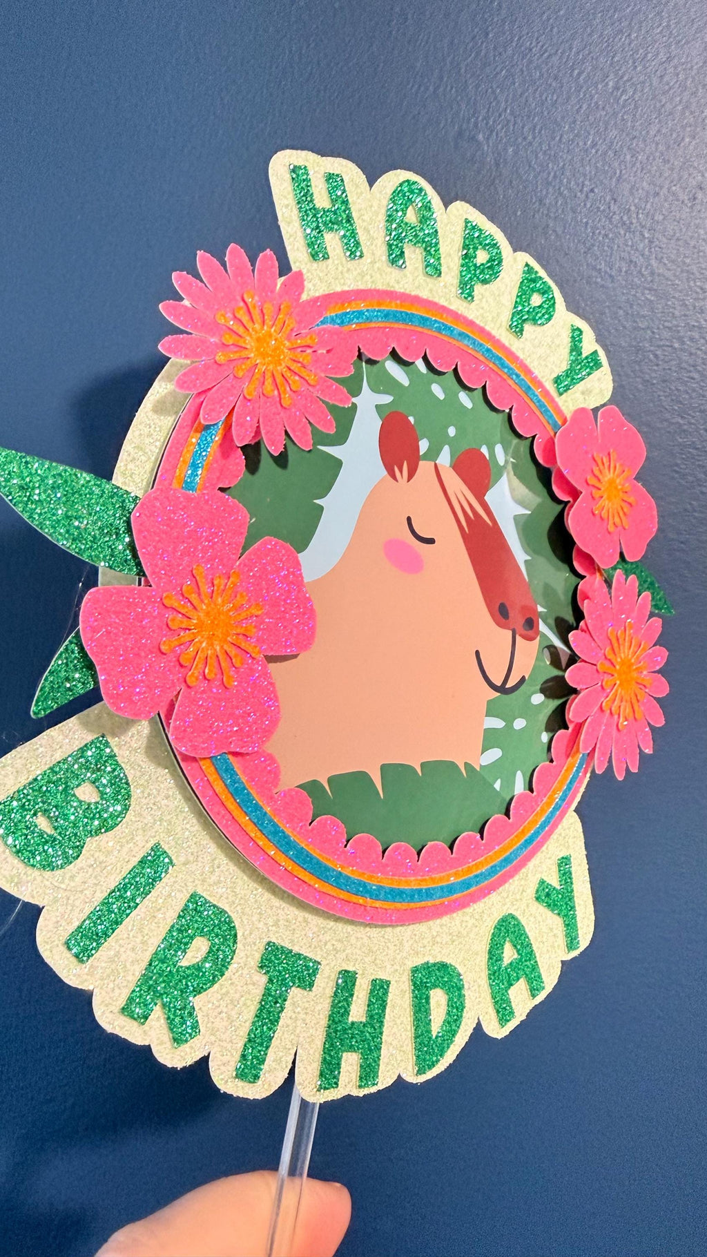 Capybara Happy Birthday Cake Topper | Floral Tropical Design, Glitter Accents