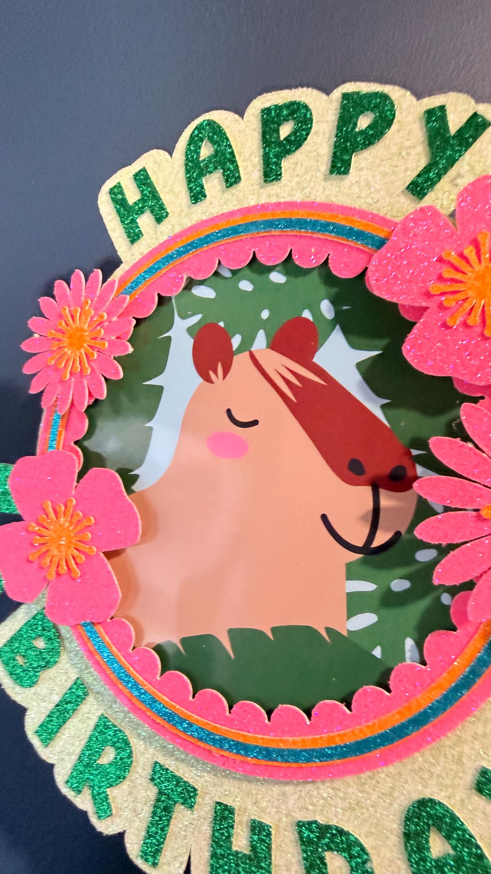 Capybara Happy Birthday Cake Topper | Floral Tropical Design, Glitter Accents