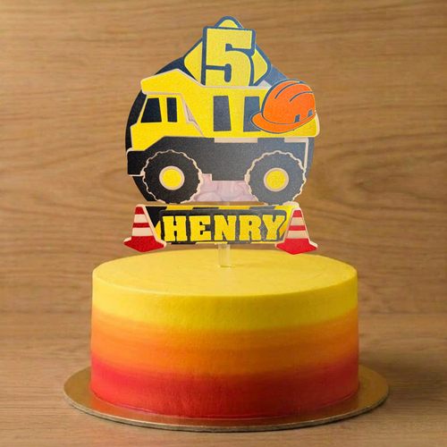 Construction Truck Cake Topper – Personalised Name & Age Birthday Decoration