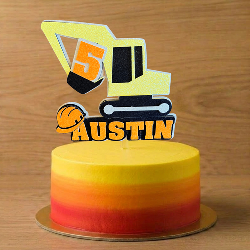 Construction Digger Birthday Cake Topper – Personalised Name & Age Decoration