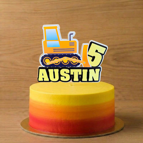 Construction Dozer Birthday Cake Topper – Personalised Name & Age Decoration