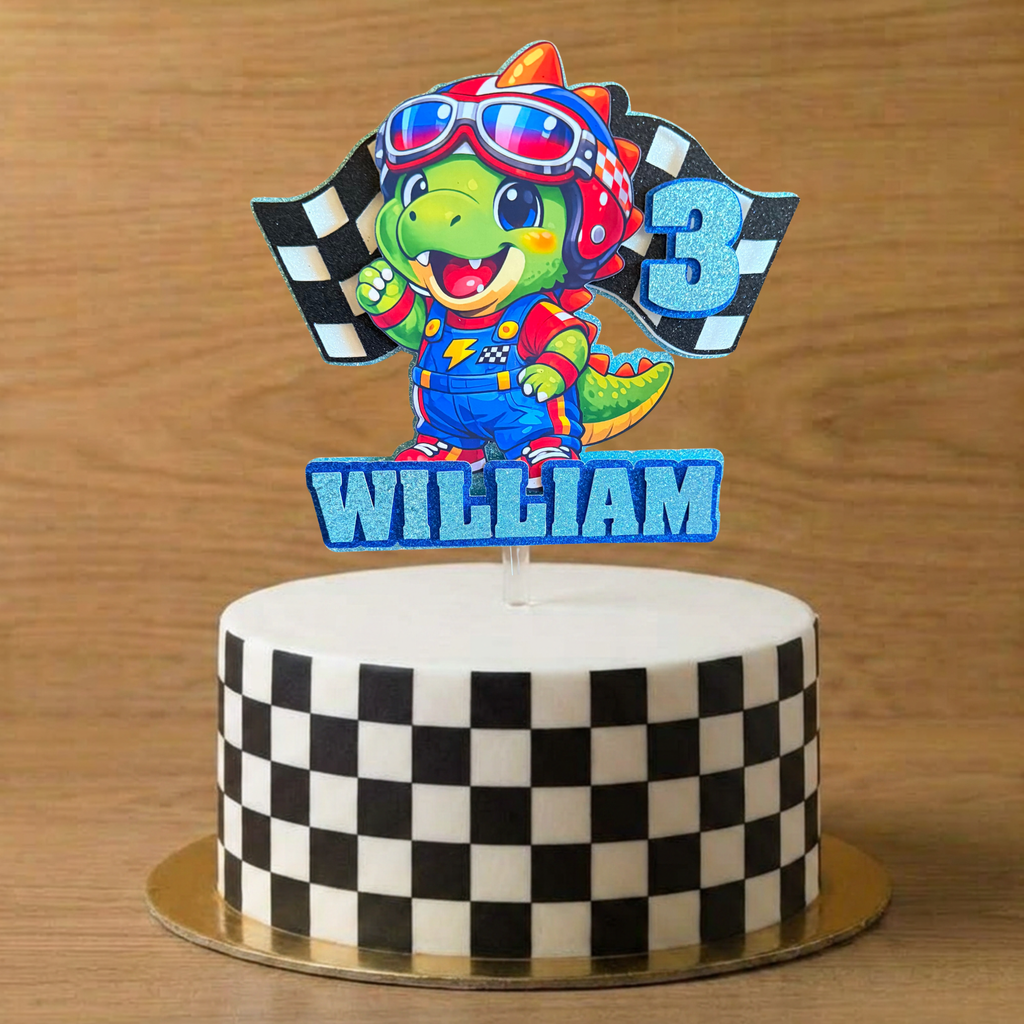 Racing Dinosaur Cake Topper | Personalised Name & Age