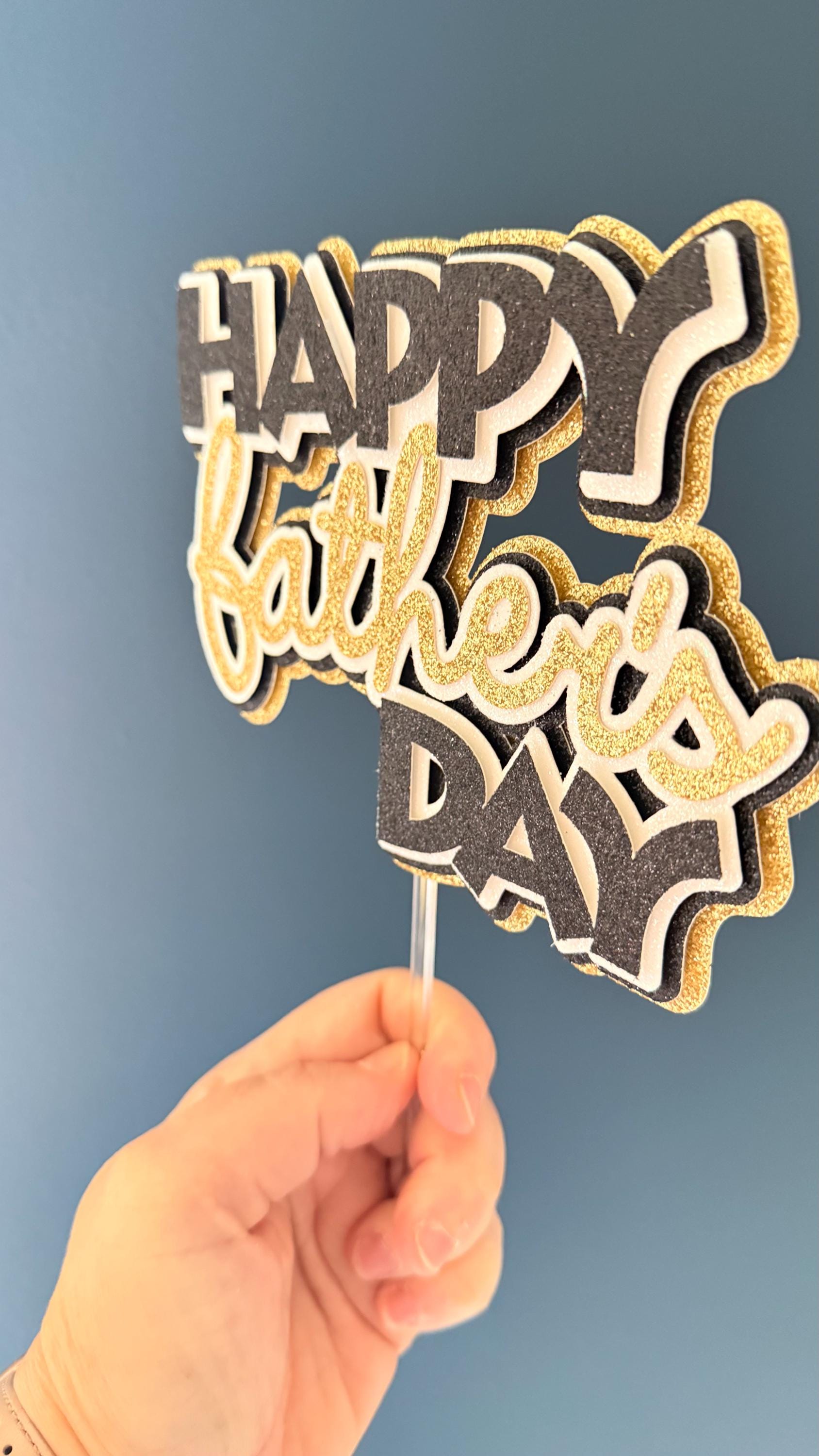 Happy Father's Day Cake Topper | Black Gold Glitter Party Decoration