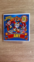 Amazing Digital Circus personalised 6x6 birthday card featuring Pomni, Caine and Jax, with name Amy and age 13