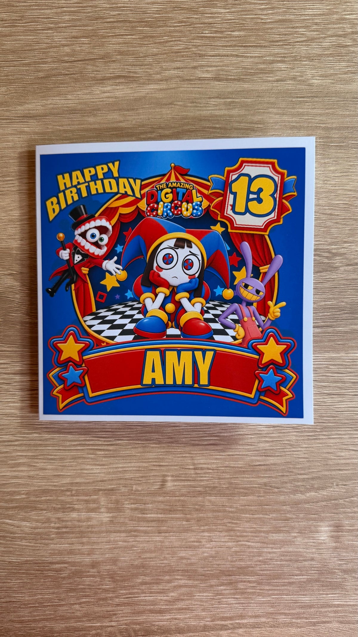 Amazing Digital Circus personalised 6x6 birthday card featuring Pomni, Caine and Jax, with name Amy and age 13