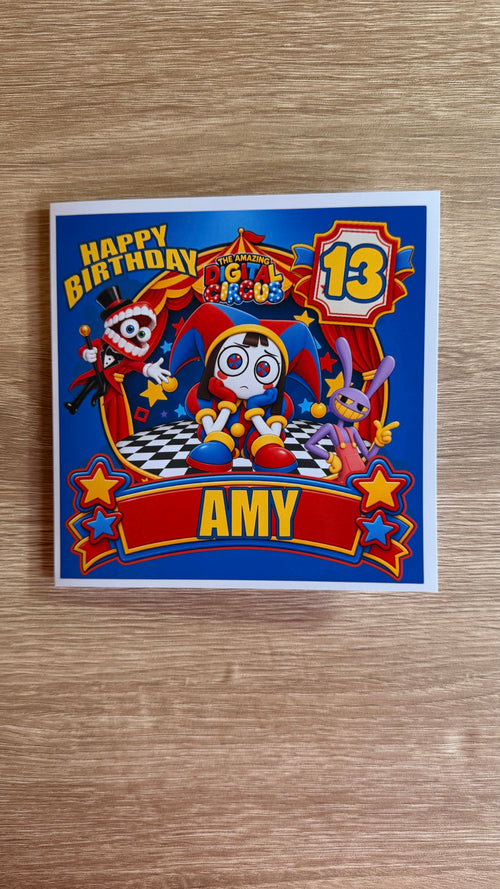 Amazing Digital Circus personalised 6x6 birthday card featuring Pomni, Caine and Jax, with name Amy and age 13
