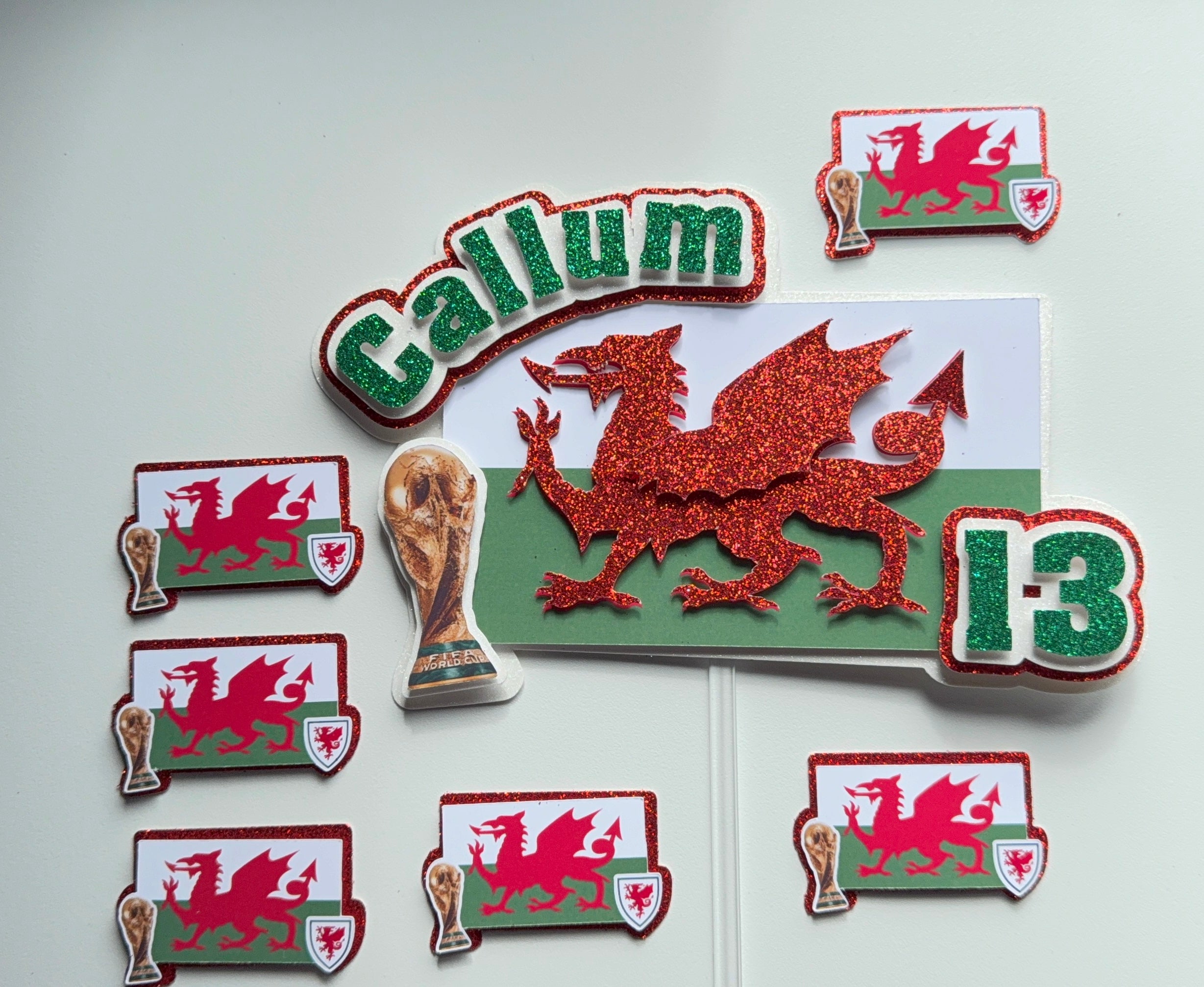 Welsh Flag Personalised Cake Topper & Cupcake Toppers | Custom Name & Age