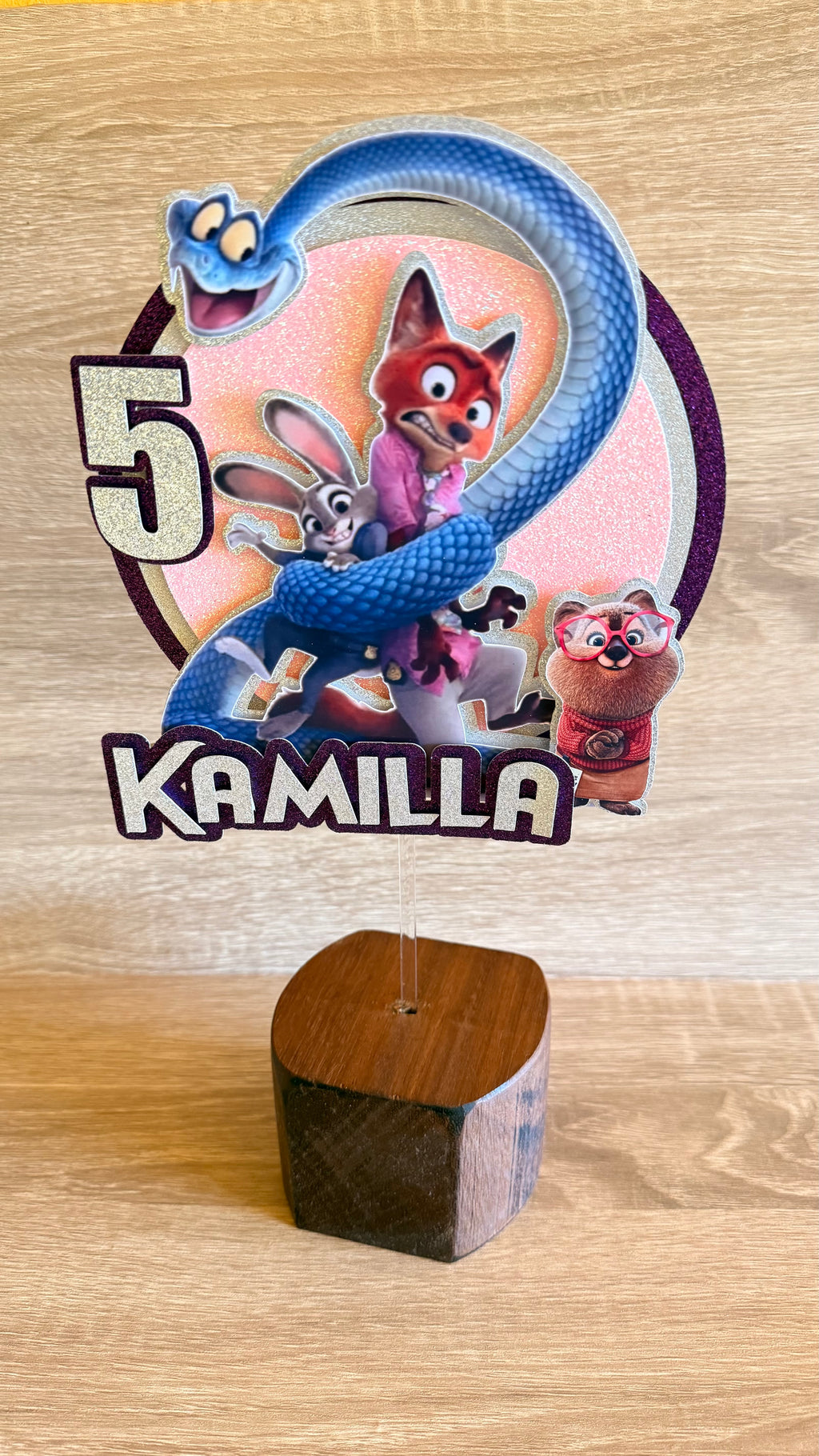 Zootopia 2 Personalised Cake Topper | Purple Glitter Name & Age Birthday Decoration