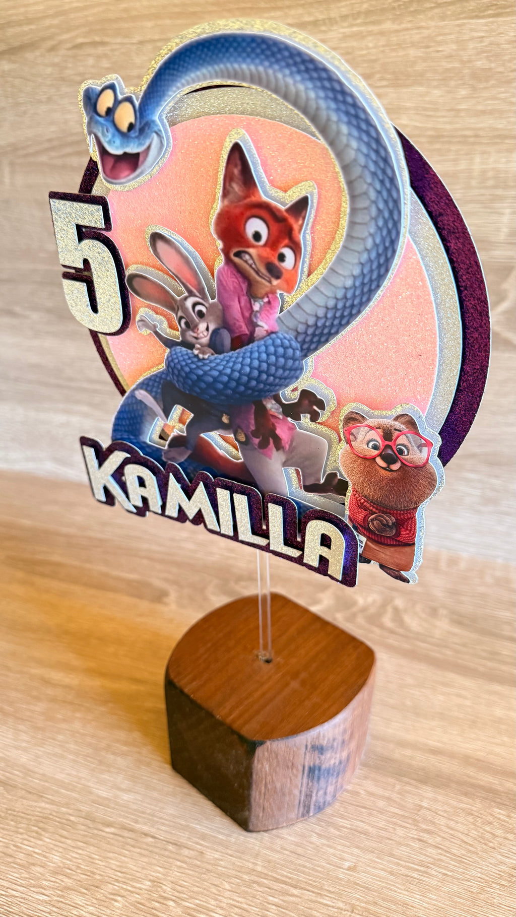Zootopia 2 Personalised Cake Topper | Purple Glitter Name & Age Birthday Decoration